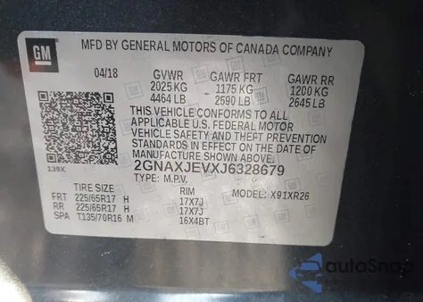 2018 Chevrolet Equinox Lt z USA, uszkodzony, nr VIN 2GNAXJEVXJ6328679